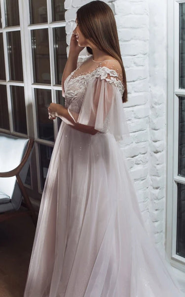 Elegant Illusion Tulle Petal Sleeve A-line Plus Size Wedding Dress with Beaded Top