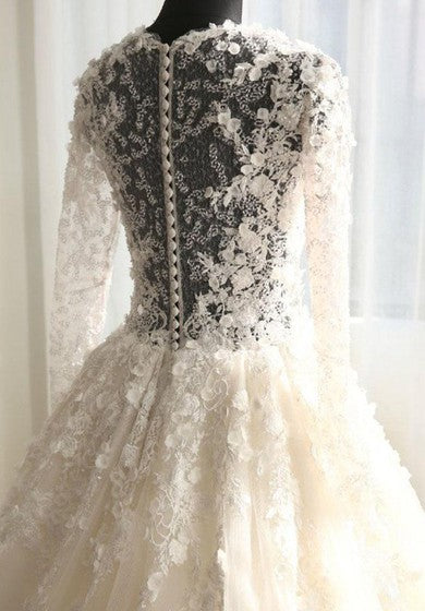 A-Line Long Sleeve Bell Beading Appliques Zipper Keyhole Tulle Lace Dress