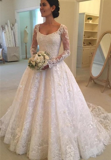 Luxury Lace and Tulle Illusion Sleeve Ball Gown Wedding Dress