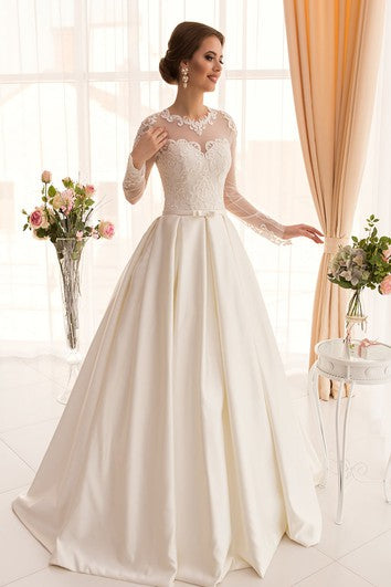 A-Line Long Jewel Long-Sleeve Illusion Satin Dress With Appliques