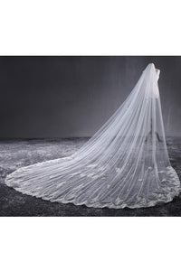 Ethereal Tulle Cathedral Wedding Veil with Lace Edge and Flower Appliques