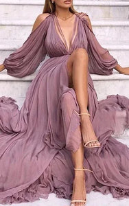 Chiffon Plunged-neck Puff-long-sleeve Pleated Mauve Sexy Party | Prom Dress