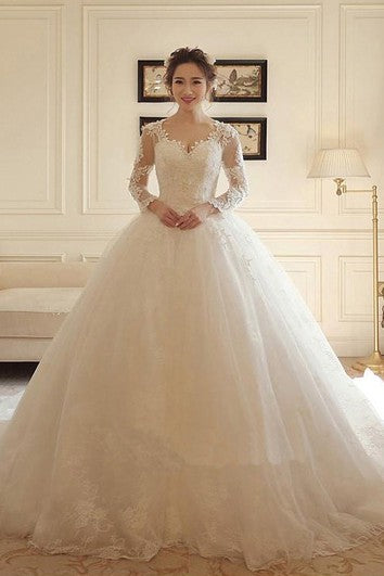 Elegante abito da sposa a maniche da ballo a maniche da ballo a maniche lunghe in pizzo e tulle