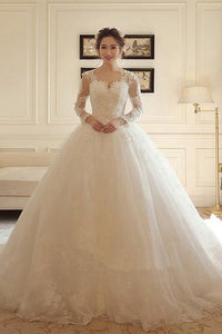 Elegant Lace and Tulle Scalloped Long Sleeved Ball Gown Wedding Dress