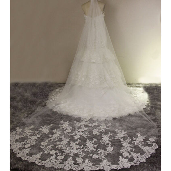 Retro Long Tulle Bridal Veil with Lace Appliques