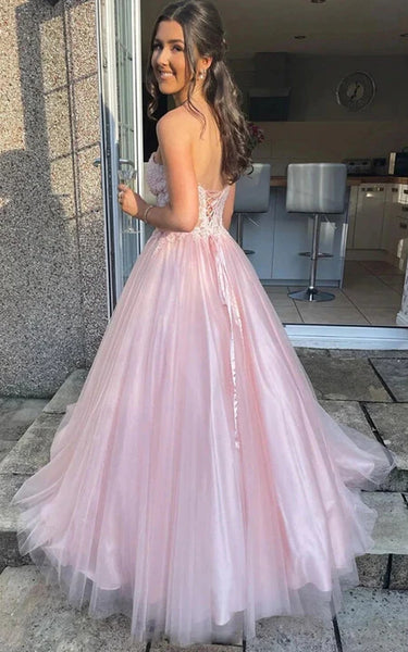 Sweetheart Lace Applique A-line Blush Tulle Evening Formal Prom Dress with Corset Back