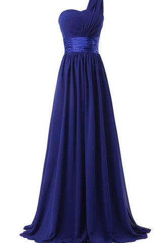 One-shoulder Long Pleated Chiffon Dress With Satin Sash