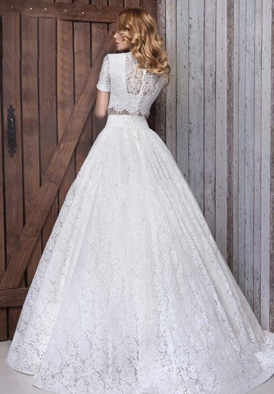 A-Line Short High Neck Half Sleeve Bell Cap Split Front Split Button Lace Dress