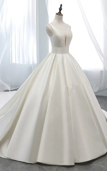 Elegant Plunged-neck Sleeveless Corset Back Satin Princess | Ball Gown Wedding Dress