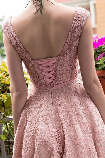 A-Line Bateau Lace Pearls Tea-Length Prom Dress