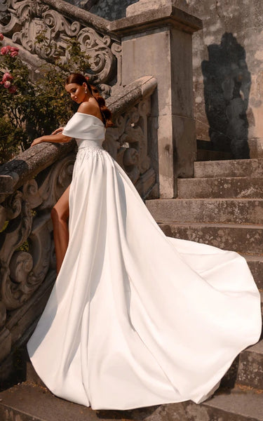 Elegant Off-the-shoulder Empire Satin Front Split Wedding Dress with Beaded Waist