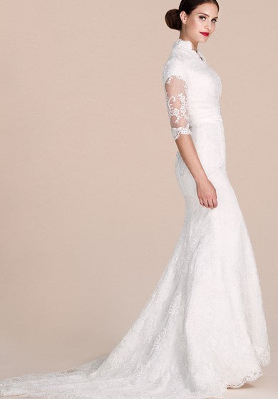 Half-sleeved Lace Gown With Illusion Sleeves