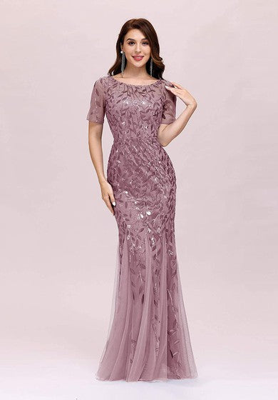 تول الترتر بطول الأرض حورية البحر قصيرة الأكمام خمر فستان متواضع مع الطيات