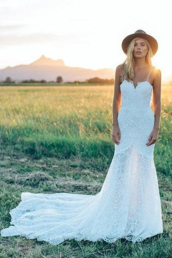 A Line Bohemian Low V Back Full Lace Beach Garden Bridal Gowns