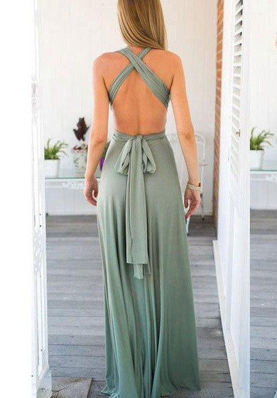 Šaty s výstřihem do V, áčkového střihu, plisované z šifónu, dlouhé až na zem, se zkříženými zády