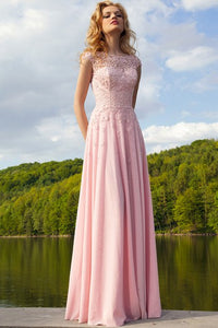 Sheath Cap-Sleeve Bateau-Neck Appliqued Floor-Length Chiffon Prom Dress