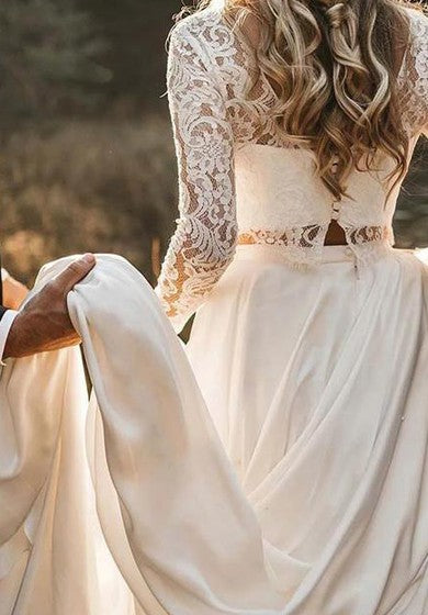 Bodenlanges, zweiteiliges Vintage-Brautkleid mit Satinspitze und Kapellenschleppe und langen Ärmeln