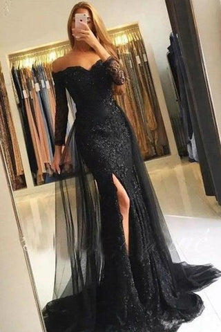 Lace Tulle Floor-length Sweep Train Trumpet 3/4 Length Sleeve Sexy Prom Dress