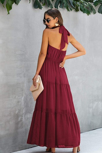 Simple Chiffon Halter A Line Sleeveless Prom Formal Dress With Ruffles