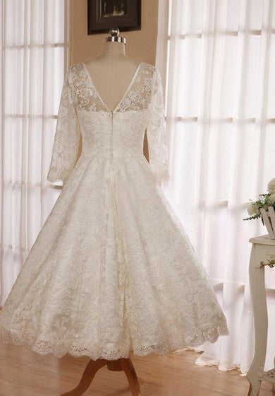 Jewel 3 4 Length Sleeve Low V Back Tea Length Lace Wedding Dress – Ms. Grace