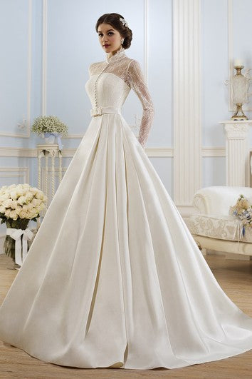 Ball Gown Long High-Neck Long-Sleeve Illusion Satin Dress With Lace ...