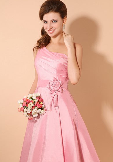 Taffeta Strapless Short Dress With Ruching Top and Flower