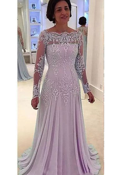 Bateau A-line Floor-length Long Sleeve Chiffon Lace Mother of the Bride Dress with Zipper Back