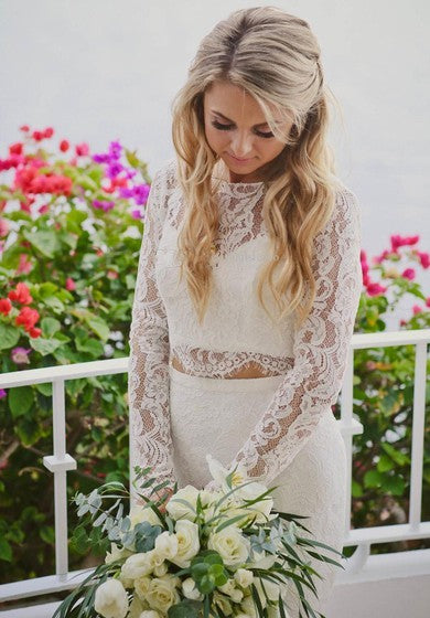 Simple Bateau Lace Two Piece Floor-length Long Sleeve Wedding Dress