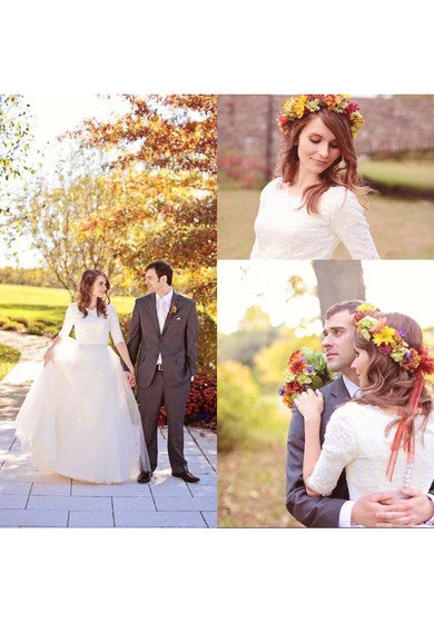 Schlichtes, schlichtes Brautkleid aus Spitzentüll mit U-Ausschnitt und Ellbogenärmeln