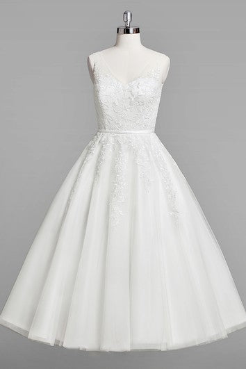 V-Neck Sleeveless A-Line Lace Tea-Length Wedding Dress