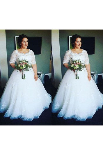 Halbarm Spitzenmieder Applikationen Tüll Flauschiger Rock Übergröße Brautkleid