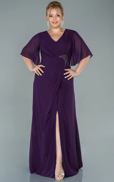 Elegant Half-sleeve V-neck Empire Chiffon Slit Front Draped Plus Size Mother of Bride Dress