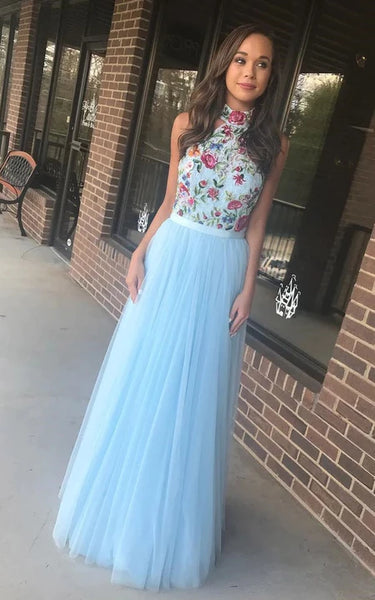 High-Neck Sleeveless Empire Tulle Prom Dress with Floral Applique