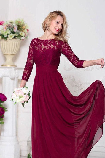Bateau-Spitzen-Illusion-Kleid mit 3–4 Ärmeln, A-Linie, plissiertem Chiffon, bodenlang