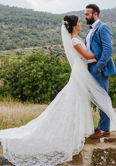 Ilusión Tulle Back Cap Manges Sexy Mermaid Lace Bridal Vestido con tren judicial