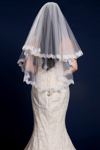 Simple Two Layered Tulle Elbow Wedding Veil with Lace Edge