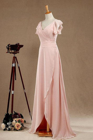 Cap Sleeve V-neck A-line Chiffon Long Dress With Split and Sash