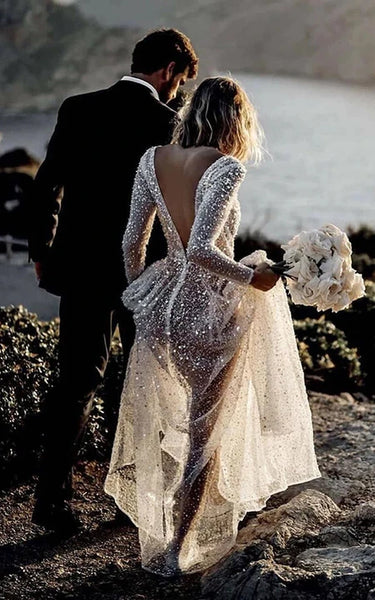 Sexy Illusion Beaded Ethereal Sheath Long Sleeve Plunged Dress