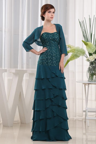 Strapless Long Chiffon Dress With Beading and Applique