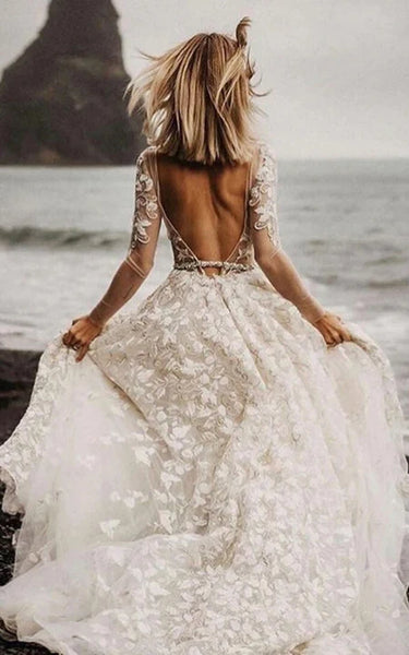 Illusion Long Sleeve Princess Mori Backless Floral Wedding Dress with Lace Applique