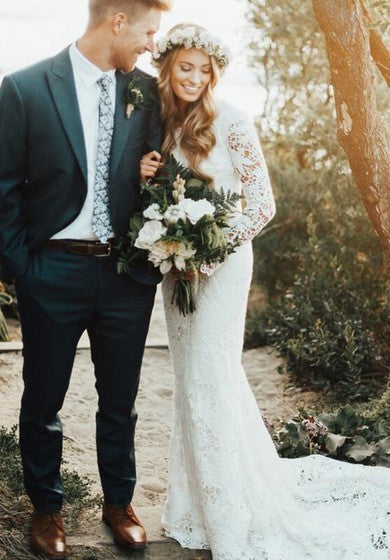 Modest Country Lace Court Train Velo de manga larga Boho/Hippie Wedding Vestido