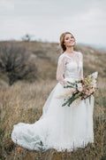 Superbe robe de mariée bohème en tulle deux pièces avec traîne et bouton au dos
