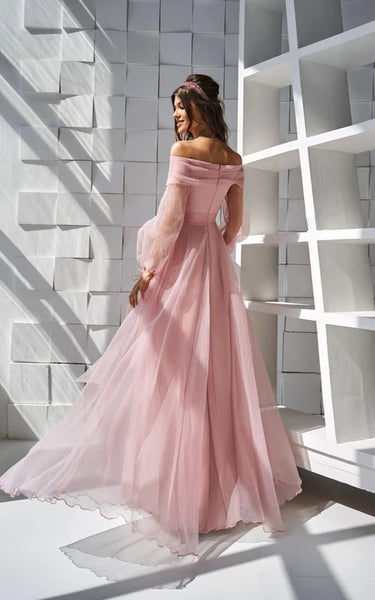 Blush Off-the-shoulder Tulle Front Split Puff-sleeve Dress with Strap