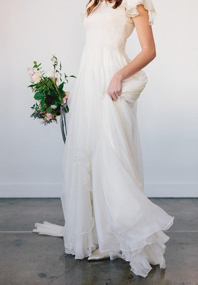 Flowy Beach Short Sleeves Beaded Belt Temple Chiffon Modest Wedding Dr Ms. Grace Flowy Beach Short Sleeves Beaded Belt Temple Chiffon Modest Wedding Dr Ms. Grace