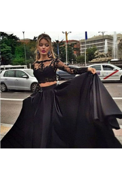 Ball Gown Long Sleeves Bateau Satin Floor-Length Dresses