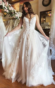 Spaghetti Plunged Lace Applique Empire Elegant Wedding Dress