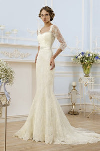 Sheath Long Square Illusion-Sleeve Keyhole Lace Dress With Ribbon