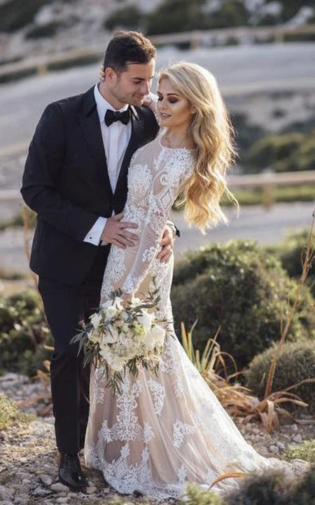 Vestido de boda de tren de barra de encaje de encaje con cuello de encaje de encaje de encaje de manga larga