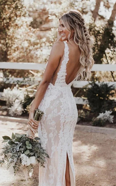 Sexy Plunged Sheath Pencil Lace Sleeveless V Back Wedding Dress with Back Slit