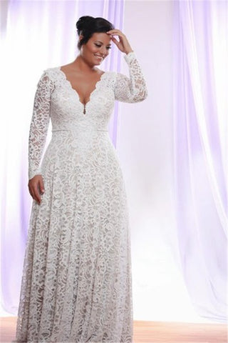 Removable Long Sleeves V Neck Floor Length A Line Lace Plus Size Wedding Dress